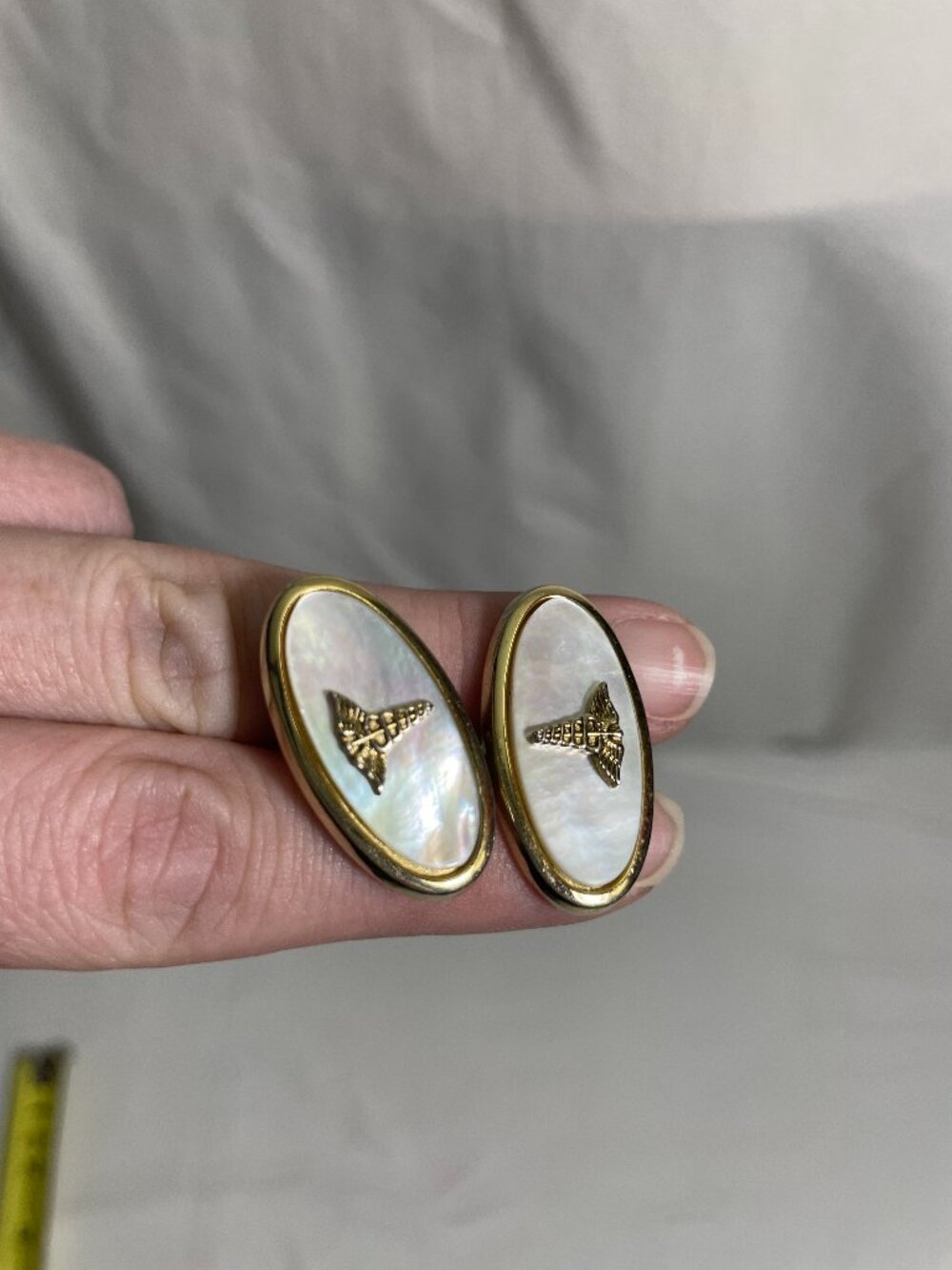 Vintage Gold Tone Mother of Pearl Caduceus Medical Symbol Cufflinks